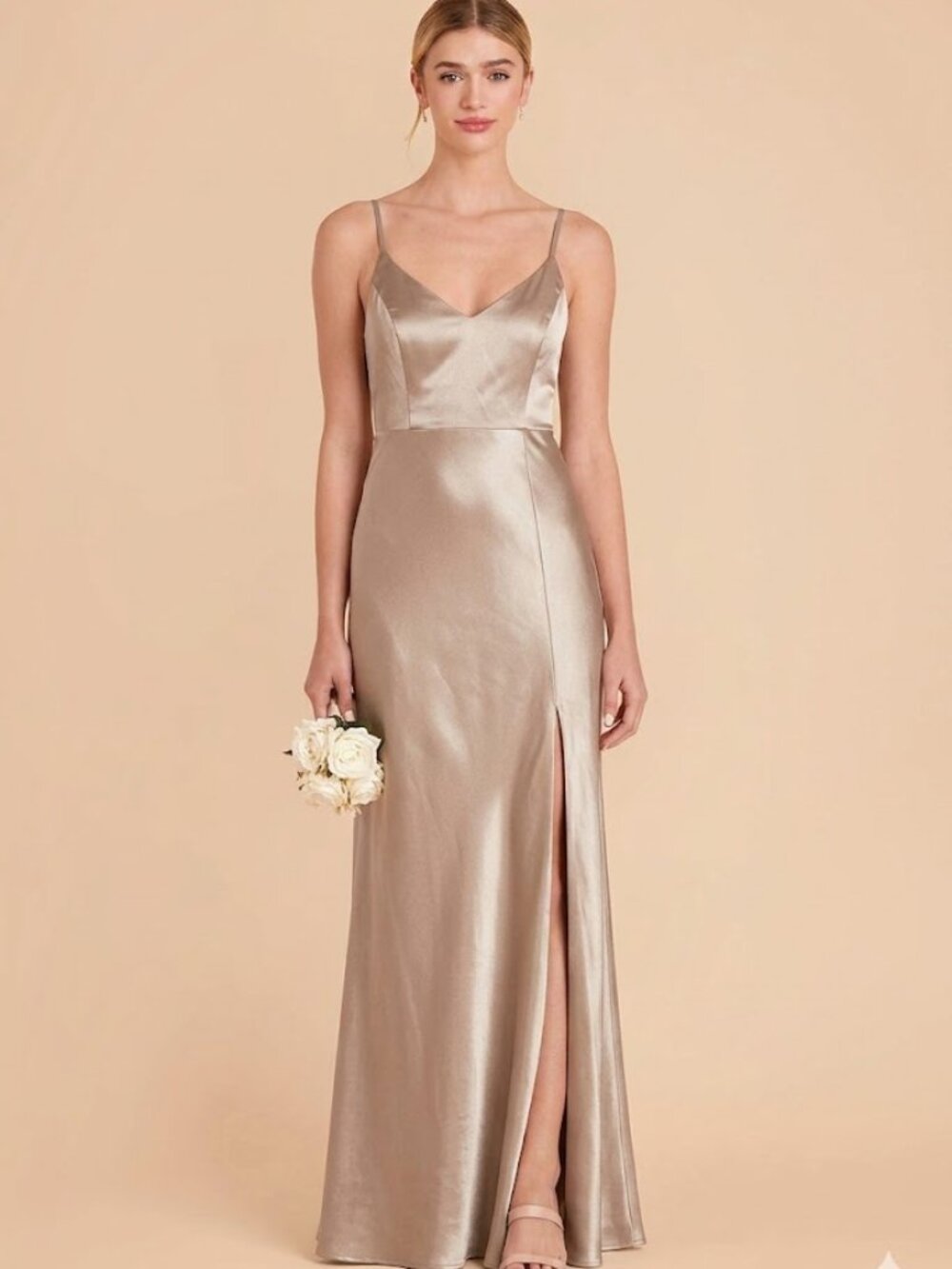 New Birdy Grey Shiny Satin Jay Dress Taupe Champagne Long Maxi Gown Bridesmaid M